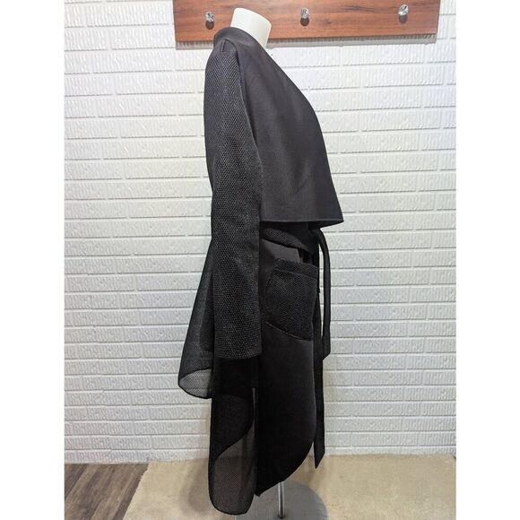 Caramel by Rosa & Rose Women's Black Solid Long-Sleeve Tie-Belt Net Trim Jacket - Picture 9 of 10